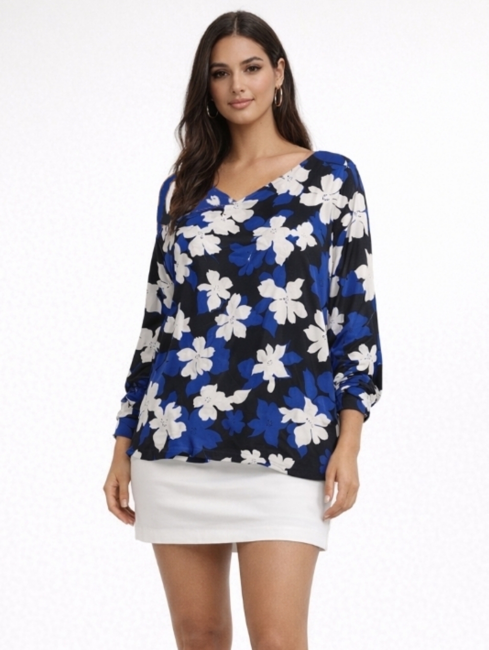 Liz Claiborne Blue Black White Floral Asymmetric Neckline Blouse Large